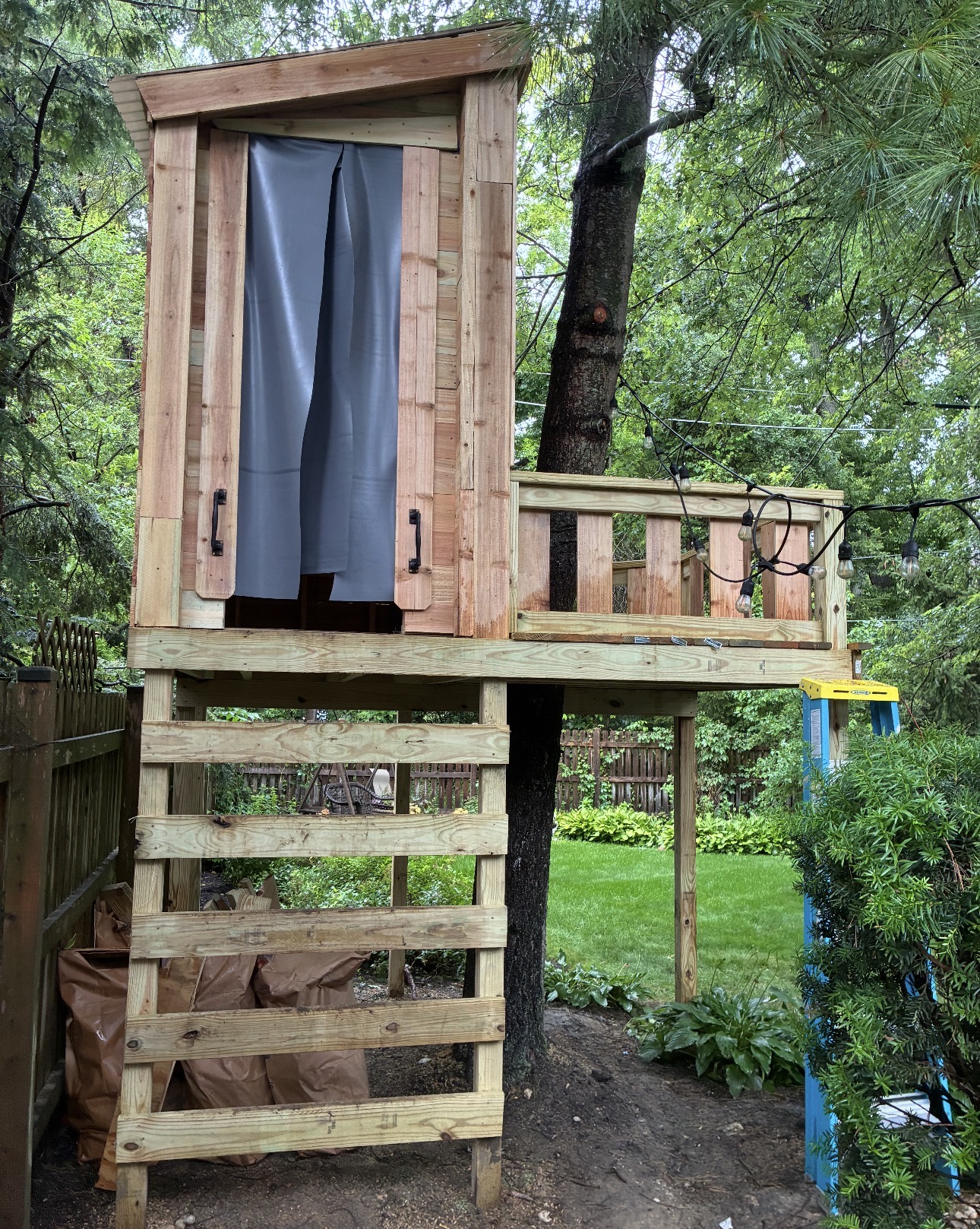 Finished tree house with ladder and balcony