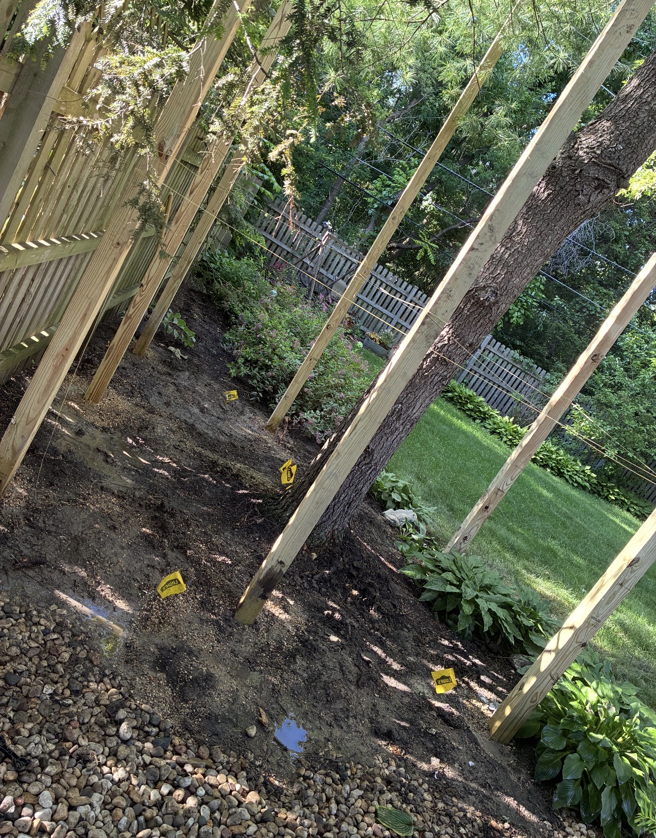 Vertical wooden posts with string lines marking a build site