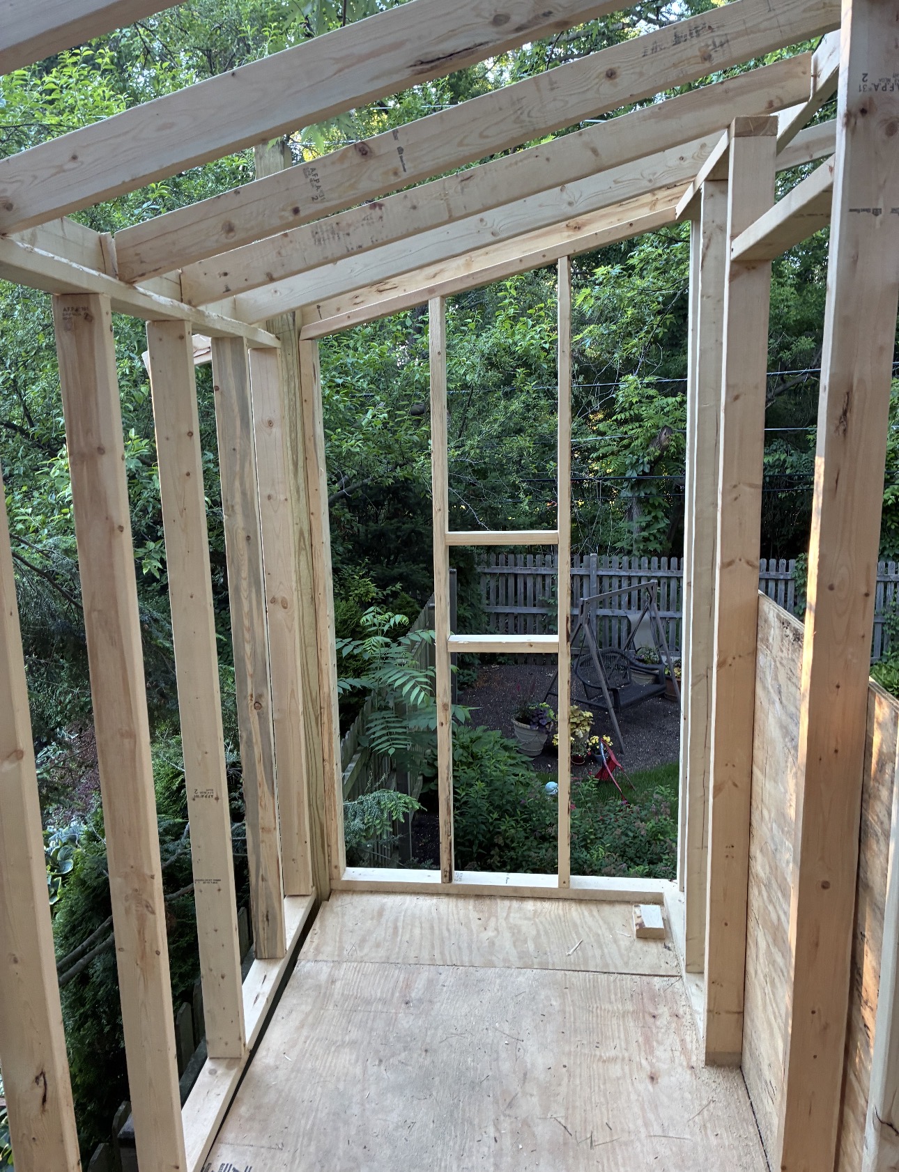 Interior wall and roof framing of a tree house